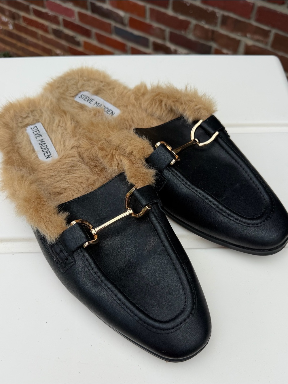 Steve Madden Black Leather Faux-Fur Lined Mule with Gold Bit